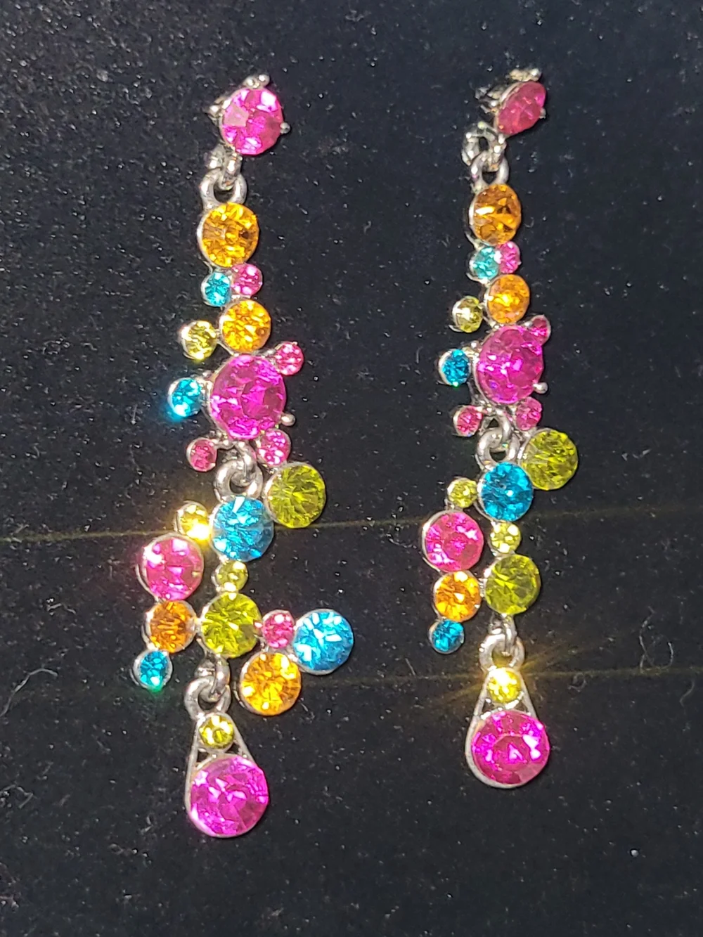 Colorful Rhinestone Chandelier Dangle Earrings Silver Tone Pierced Statement